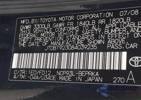 2008 Toyota Yaris z USA, uszkodzony, nr VIN JTDBT923084039235